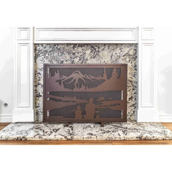 The Outdoor Plus 40 X 30 Gone Fishin' Fireplace Screen - Powder Coated Steel OPT-FPS4030GF - main